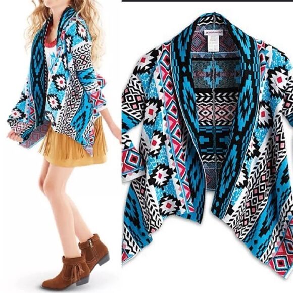 AMERICAN GIRL Kayla Aztec Print Shawl Collar Open Front Cardigan sweater 10-12 - Picture 1 of 11